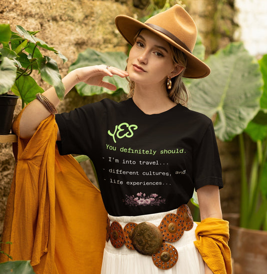 Woman wearing a wearable dating profile shirt featuring interests in travel, different cultures and life experiences.